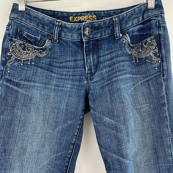 Express (6) Stella Bootcut Jeans (30x29) Shirt Dark Wash Low Rise Crystal Stud - Picture 4 of 13